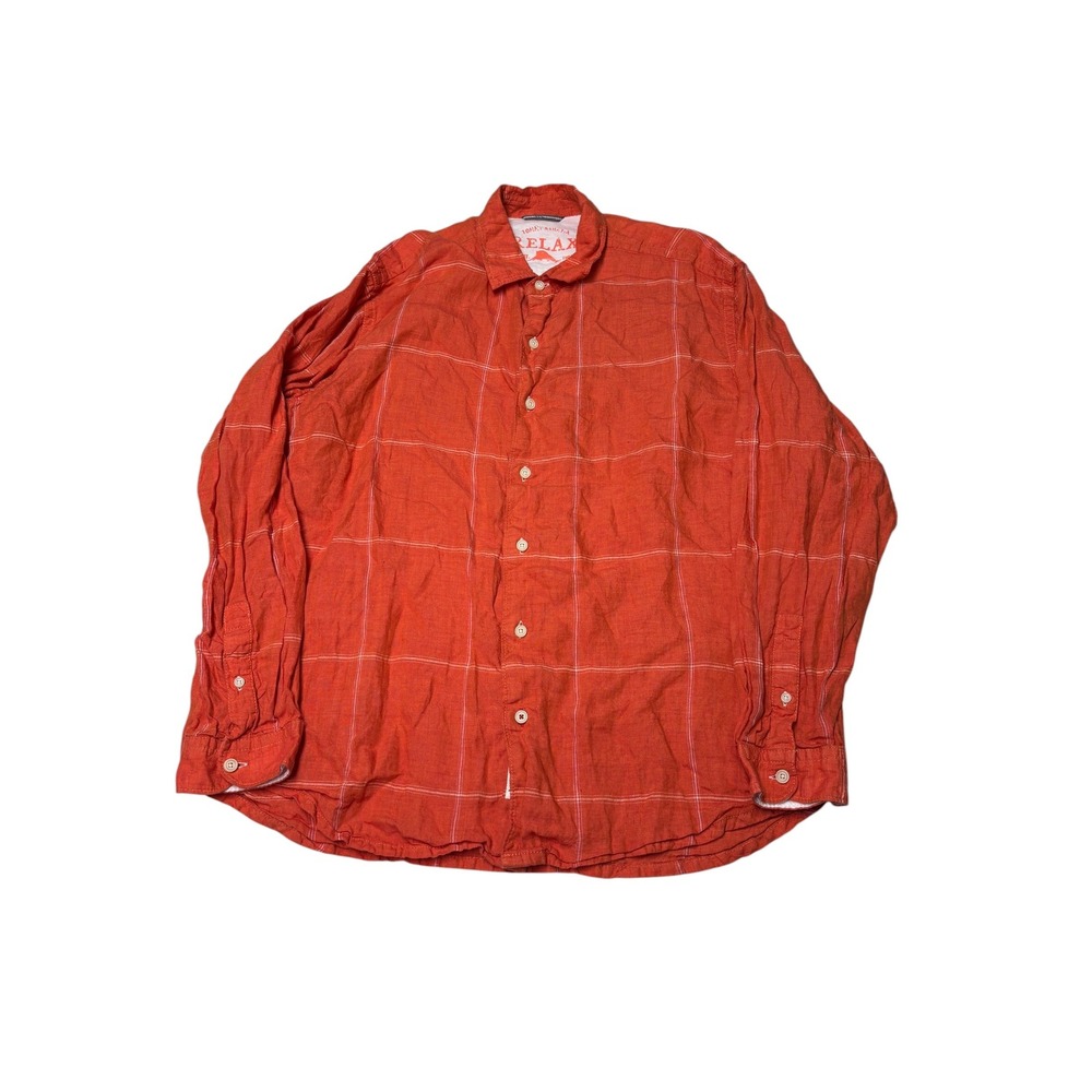 Tommy Bahama Relax Mens L Orange Windowpane 100% Linen Long Sleeve Button Shirt